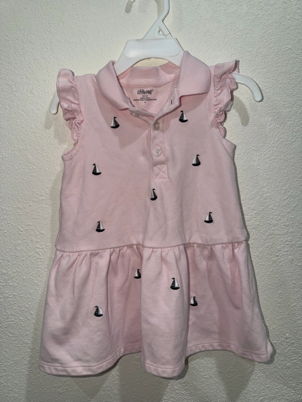 Little Me Pink Polo Dress with Navy Sailboat Embroidery